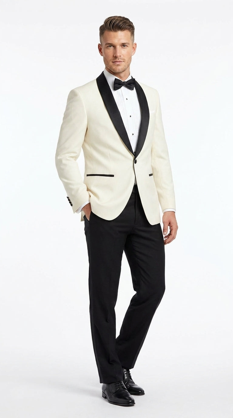 Men’s Ivory Dinner Jacket Blazer with Black Shawl Lapel, Formal Wedding Tuxedo Sport Coat