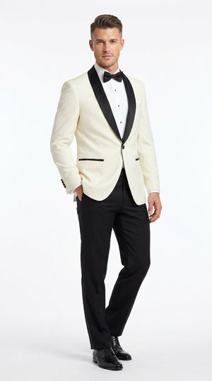 Men’s Ivory Dinner Jacket Blazer with Black Shawl Lapel, Formal Wedding Tuxedo Sport Coat
