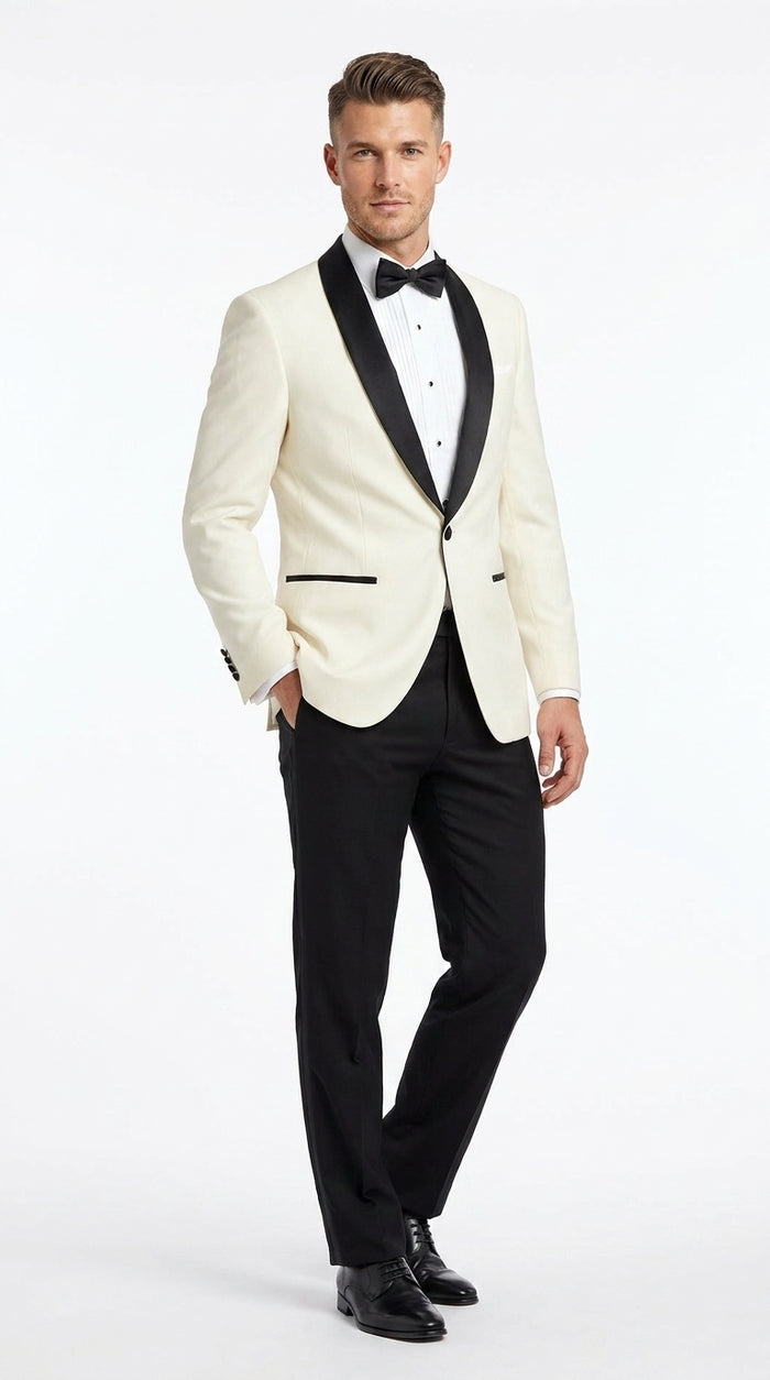 Men’s Ivory Dinner Jacket Blazer with Black Shawl Lapel, Formal Wedding Tuxedo Sport Coat