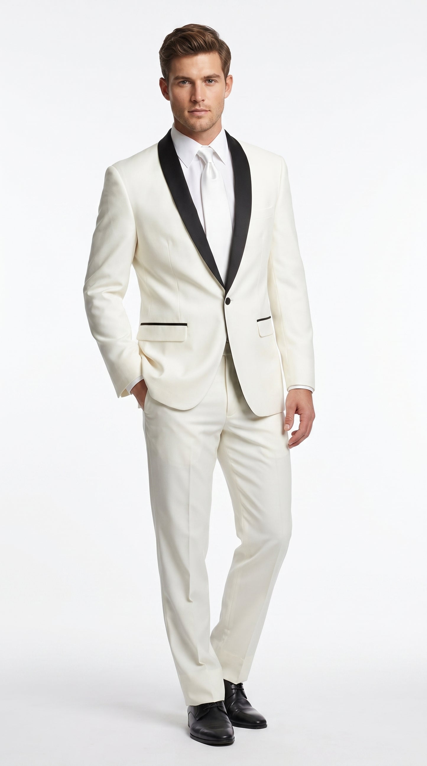 Men’s Ivory and Black Shawl Tuxedo Suit with Jacket and Pants, Formal Wedding Dinner Suit