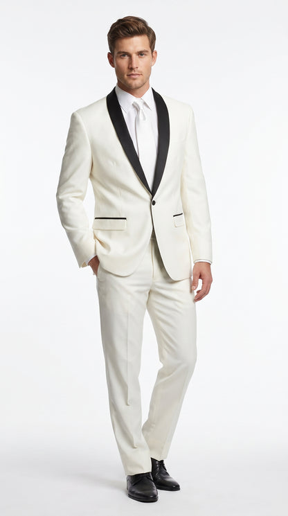 Men’s Ivory and Black Shawl Tuxedo Suit with Jacket and Pants, Formal Wedding Dinner Suit