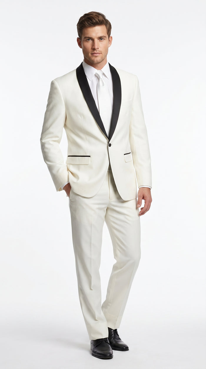 Men’s Ivory and Black Shawl Tuxedo Suit with Jacket and Pants, Formal Wedding Dinner Suit