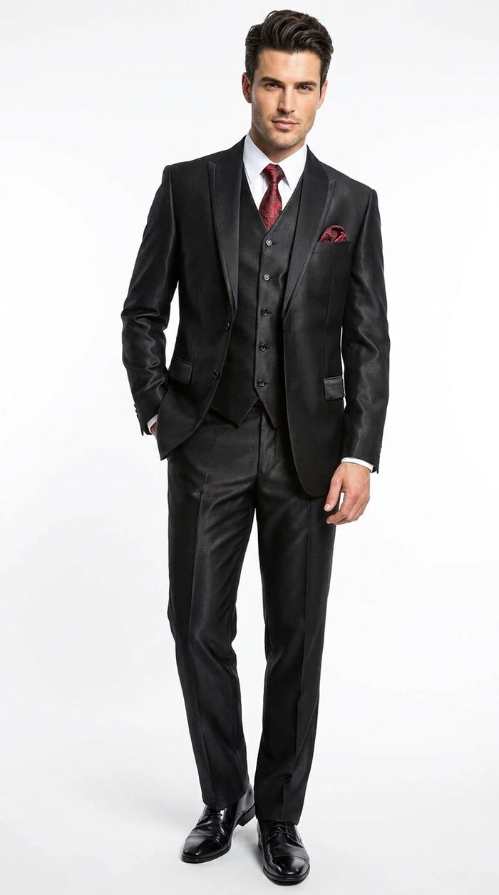Men’s Black Shiny 3 Piece Tuxedo Groom Suit, Formal Vest Suit for Weddings, Prom, Black Tie Events, Black Lapel
