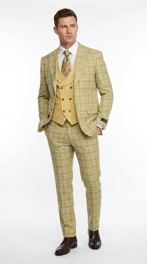 Vitali Men’s Sage Beige Tan Plaid 3 Piece Suit, Check Pattern Formal Dress Suit for Weddings, Prom, Business Events, Modern Fit Light Yellow Color