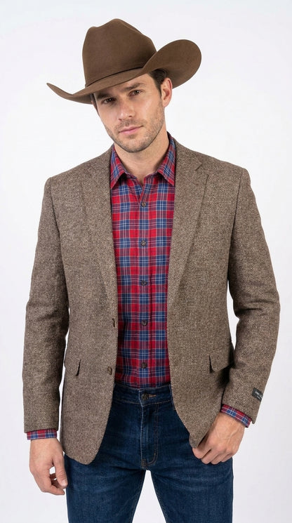 Men’s Light Brown Western Blazer – Textured Tweed Herringbone Cowboy Sport Coat for Rodeo, Country Taupe Dark Tan Color Wool Fabric