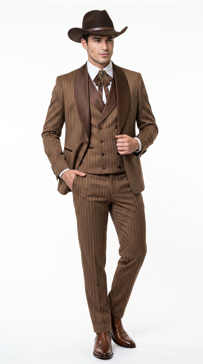 Men’s Brown Pinstripe Western Cowboy Tuxedo, Contrast Shawl Lapel Formal Suit for Weddings, Prom, Parties, and Special Occasions