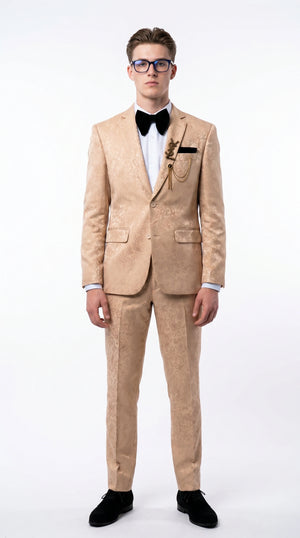 Men’s Champagne Gold Paisley Prom Tuxedo, Formal Dinner Suit for Prom, Weddings, Parties in Tan Color