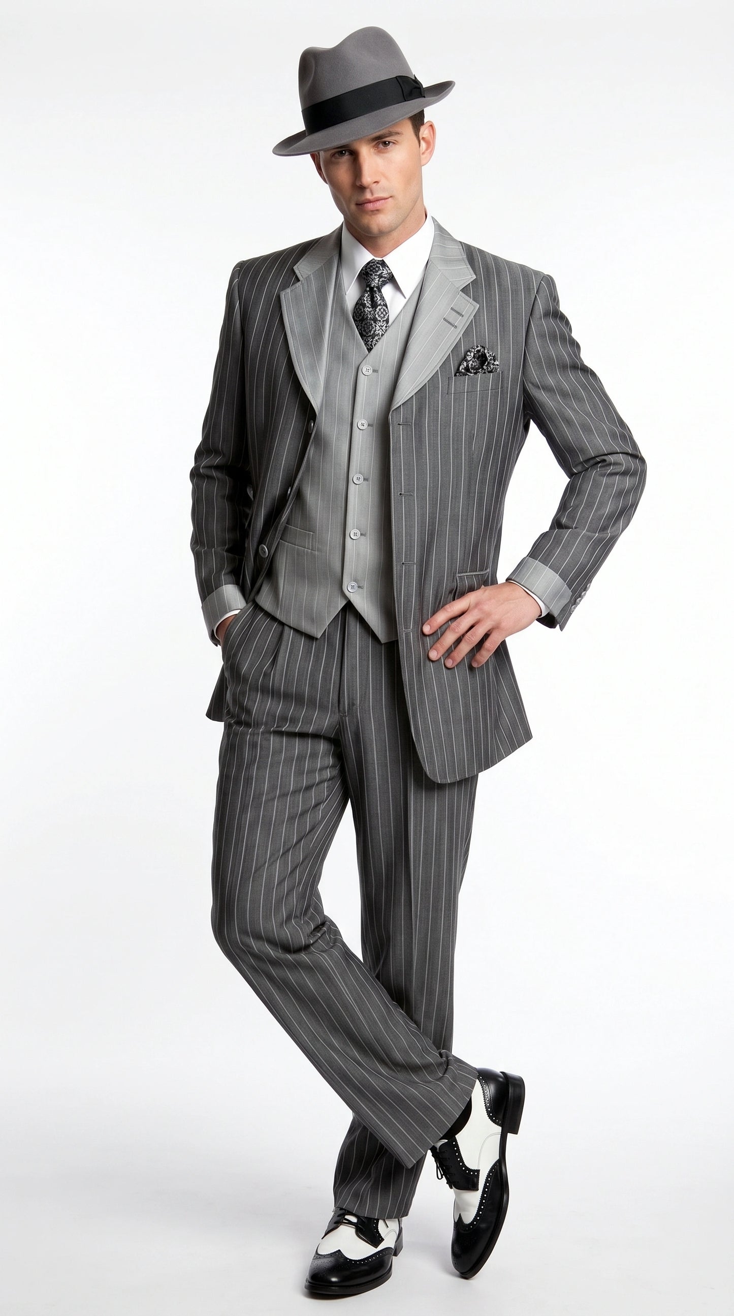 Men’s Grey Pinstripe 1920s Gangster 3 Piece Suit, Contrast Lapel Vintage Formal Suit for Parties, Prom, Weddings, and Theme Events