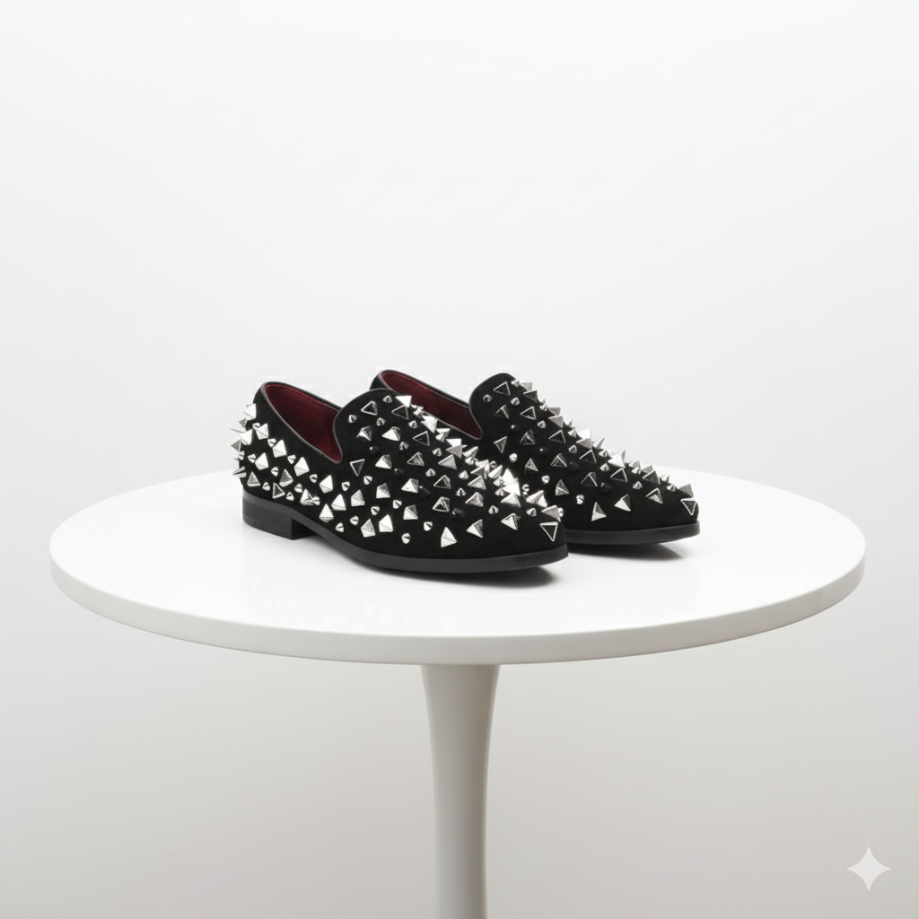 Mens Black Studded Loafers with Silver Spikes  Luxury Slip-On Dress Shoes for Parties and Formal Events
