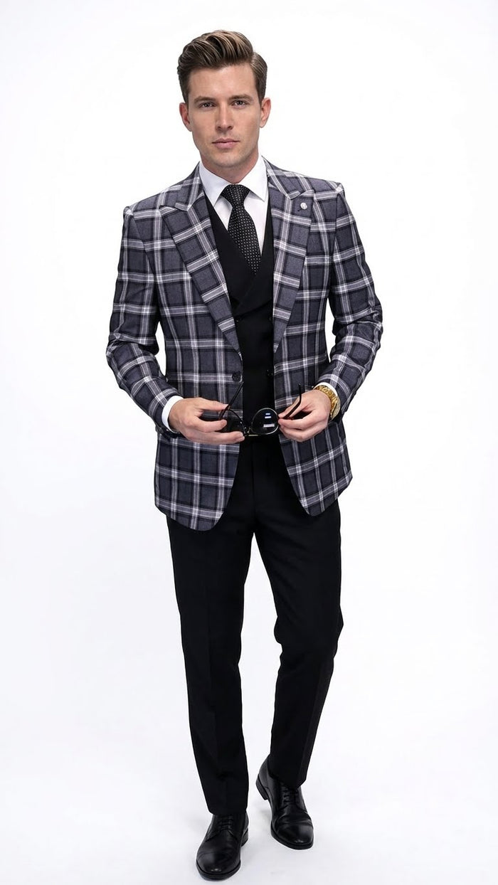 Mens Big and Tall Charcoal Gray and Black Plaid Blazer  Grey Checker Windowpane Sport Coat