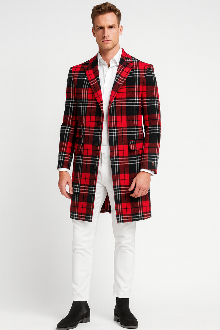 Mens Red Plaid Wool Overcoat  Classic Tartan Check Long Coat for Stylish Winter Wear
