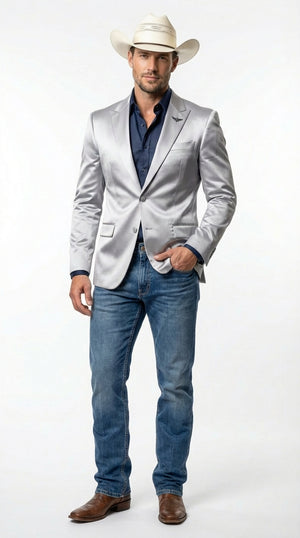 Mens Shiny Silver Cowboy Blazer – Western Style Satin Finish Blazer for Party, Country Events and Evening Wear
