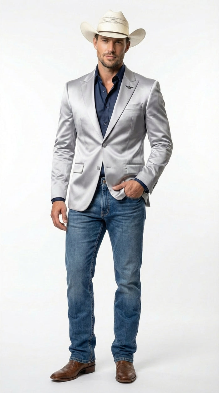 Men's Shiny Silver Cowboy Blazer – Western Style Satin Finish Blazer for Party, Country Events and Evening Wear