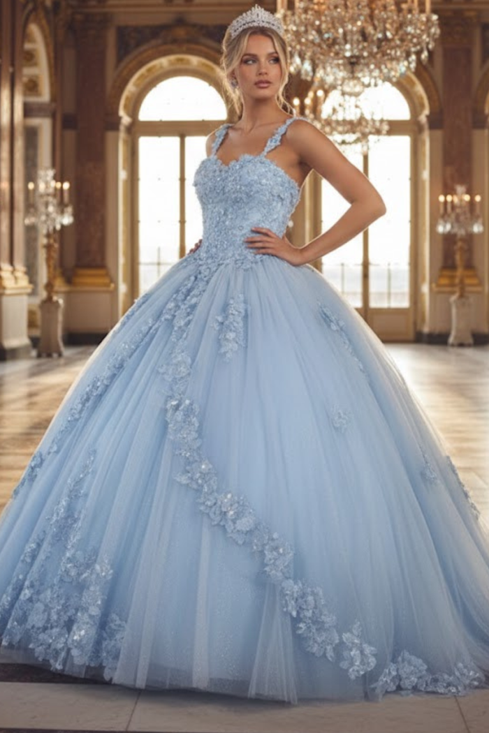 Sleeveless Glitter Floral Ball Quinceanera Gown