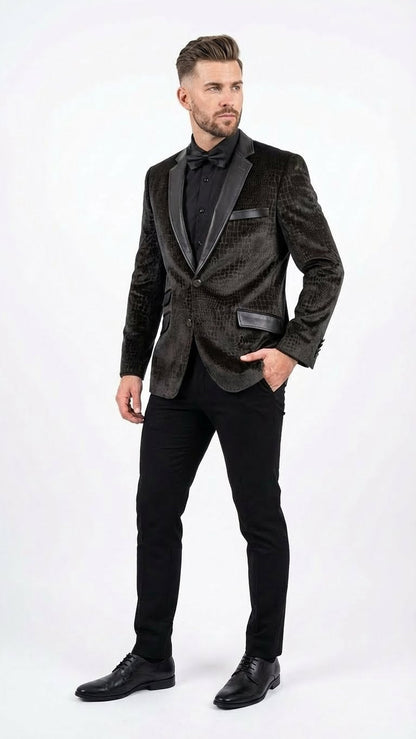 Mens Crocodile Alligator Exotic skin Texture Blazer  Slim Fit Designer Jacket with Satin Lapels for Formal and Party Wear in Black Color
