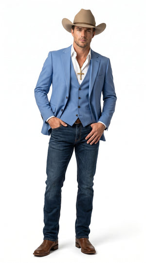 Men’s Sky Blue 3 Piece Suit Set with Blazer, Vest and Pants, Western Wedding Dress Suit