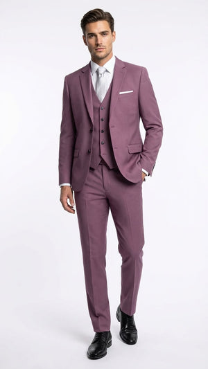 Mens Mauve Three-Piece Suit  Slim Fit Formal Blazer, Vest, and Trousers for Weddings Rose Gold Pinkish Color