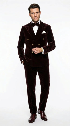 Men’s Dark Brown Velvet Blazer and Pants 2 Piece Suit, Double Breasted Formal Dinner Suit for Weddings, Prom