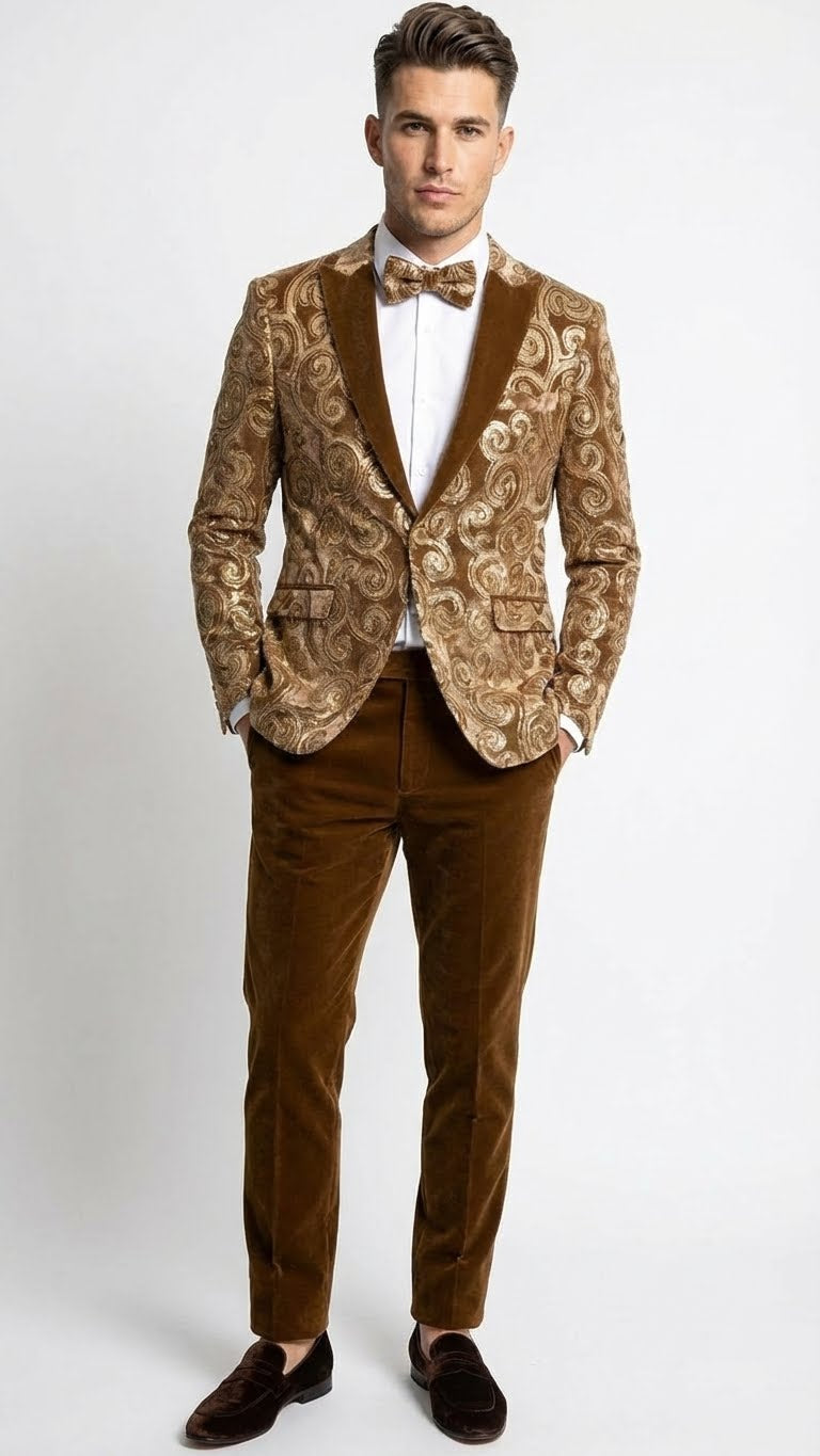 Mens Goldish Light brown Tuxedo dinner Jacket Embroidered Blazer  Velvet Jacket for Formal Paisley Pattern Coffee Mocca Color