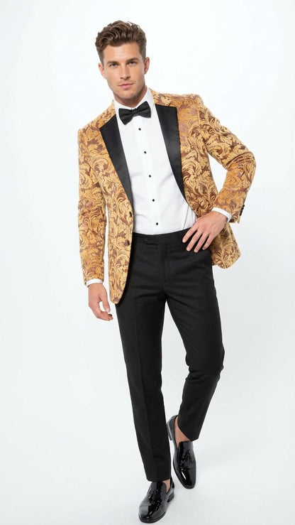 Mens Yellow Gold Baroque Pattern Tuxedo Blazer Suit  Party and Wedding Jacket Prom Paisley Black Pants