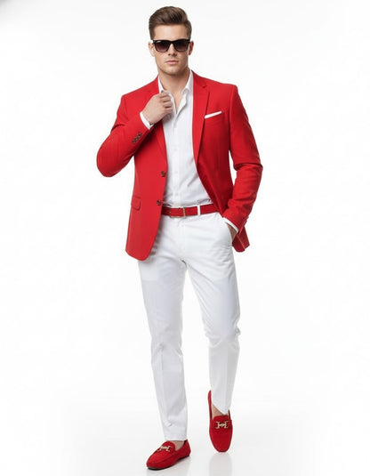 Mens Red Blazer and White Pants Set  Stylish Casual Dress Outfit For New Year Holiday and Christmas Suit