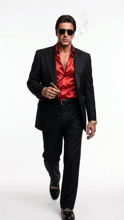 Tony Montana’s Black Blazer with Red Sateen Shirt – Men’s Black Formal Blazer and Red Satin Style Shirt Outfit for Party, Wedding and Vintage Wear