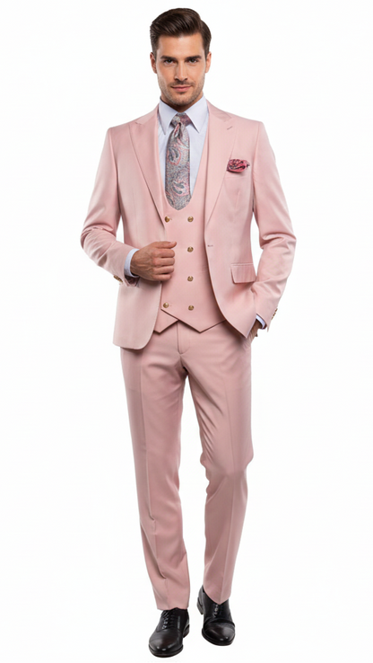 Mens Blush Pink and Gold Three-Piece Suit  Tailored Fit Formal Wedding, Vested Suit By Rossiman