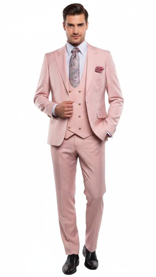 Mens Blush Pink and Gold Three-Piece Suit  Tailored Fit Formal Wedding, Vested Suit By Rossiman