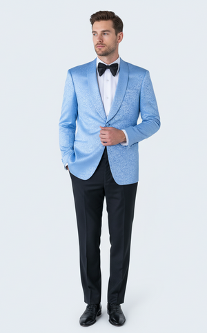 Mens Light Blue Paisley Tuxedo Jacket  Elegant Satin Shawl Lapel Dinner Blazer for Weddings, Proms in Sky Powder Blue Color Bowtie