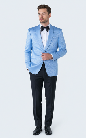 Men’s Light Blue Paisley Tuxedo Jacket – Elegant Satin Shawl Lapel Dinner Blazer for Weddings, Proms in Sky Powder Blue Color Bowtie