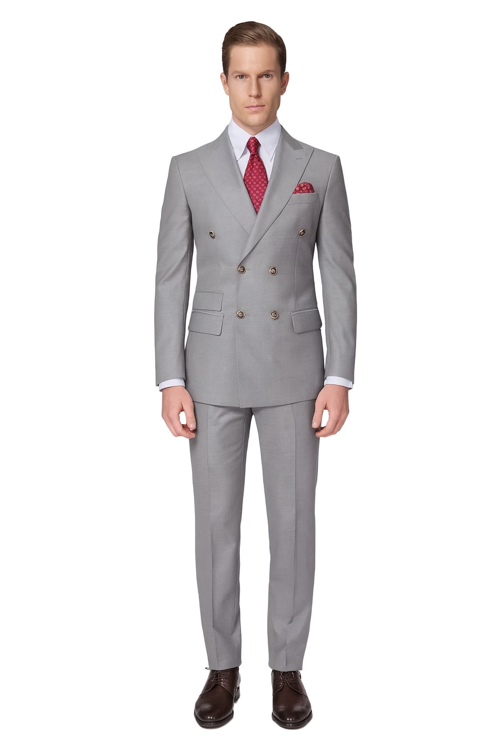 Mens Light Grey Double-Breasted Suit  Classic Slim Fit Business and Wedding Formal Attire