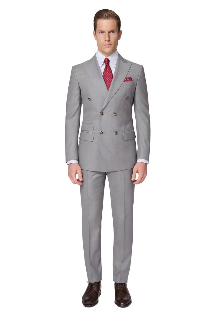 Mens Light Grey Double-Breasted Suit  Classic Slim Fit Business and Wedding Formal Attire