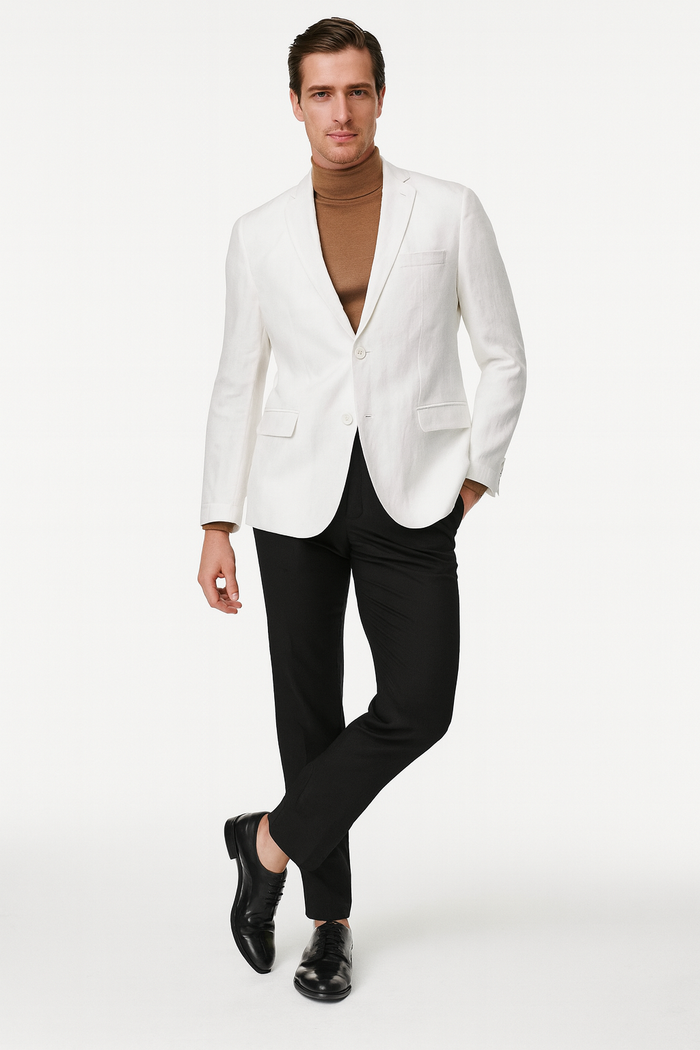 Men's White Linen Blazer - Classic Two-Button Lightweight Sport Coat