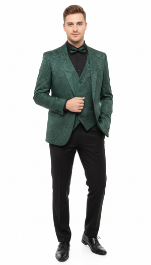 Mens Emerald Green Paisley Tuxedo 3-Piece Suit  Slim Fit Formal Blazer, Vest, and Pants for Weddings, Proms