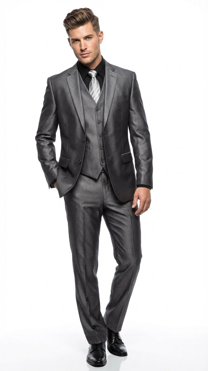 Men's Charcoal Gray Suit With Sheen -  | Shiny Texture Fabric Three Piece Wedding and Party Business