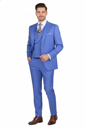 Mens Light Blue Double-Breasted 3-Piece Suit Set  Tailored Fit Formal Business Suit in Steel Blue Sky Blue Color