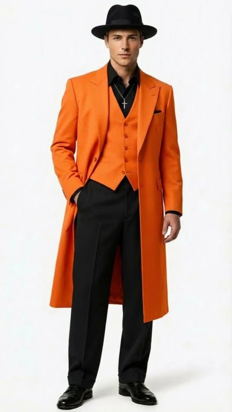 Mens halloween Costume Orange Long Zoot Suit Set With Black Shirt and Black Pants included