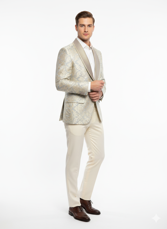Mens Champaign Silver and Cream Embroidered Luxury Blazer  Floral Pattern Wedding & Party Dinner Jacket in Light Tan Color