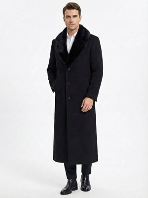Men’s Black Long Overcoat with Faux Fur Collar, Full Length Winter Topcoat for Formal and Business Wear