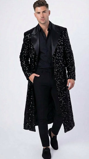 Mens Black Sequin Long Coat with Satin Shawl Lapel  Luxury Statement Evening Overcoat