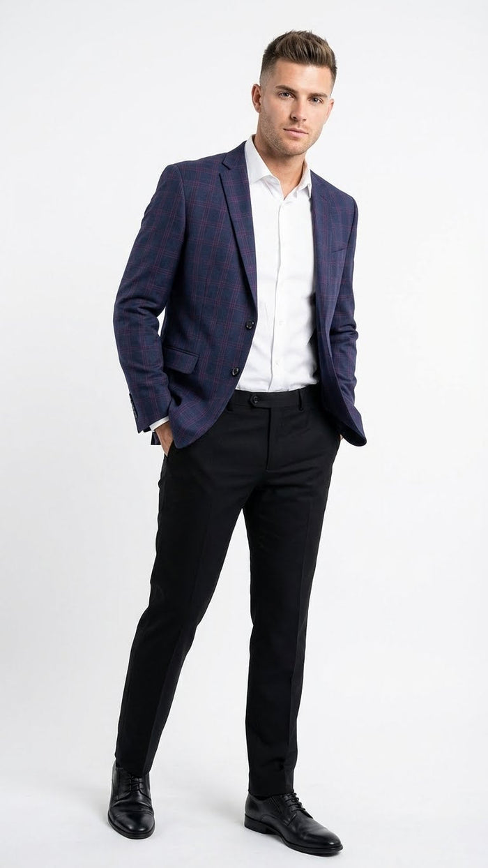 Mens Big and Tall Navy Blue with Burgundy Plaid Jacket and Sport Coat  Wool Blazer