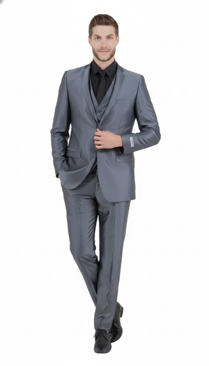 Mens Dark Grey Shiny Two-Piece Suit  Slim Fitted Formal Jacket and Tailored Pants - Sateen Metalic in Charcoal Gray Color