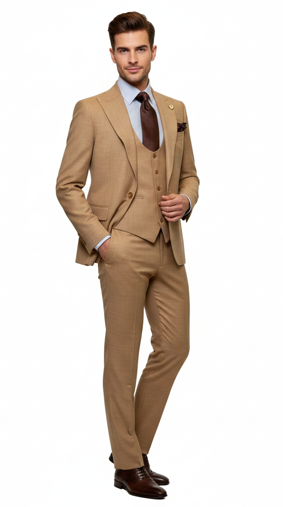 Men's Tan Three-Piece Suit with Vest  Classic Tailored Fit  in camel khaki Bronze color By Rossiman