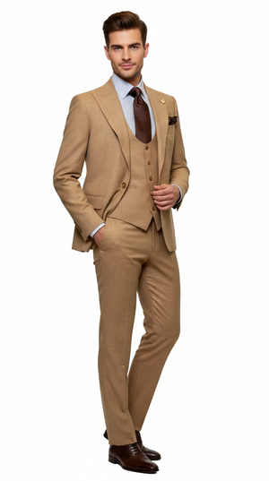 Men's Tan Three-Piece Suit with Vest  Classic Tailored Fit  in camel khaki Bronze color By Rossiman