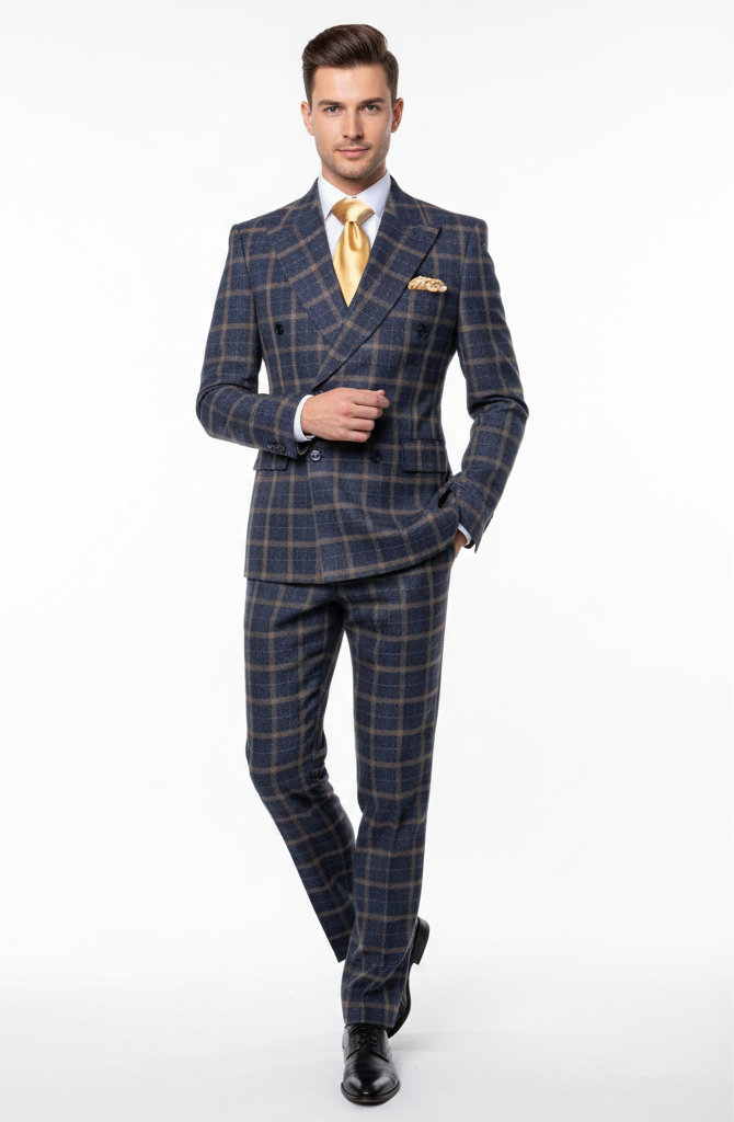 Mens Navy and Tan Windowpane Double-Breasted Suit | Classic 2-Piece Plaid Dress Suit, Business, and Formal Events By Rossiman