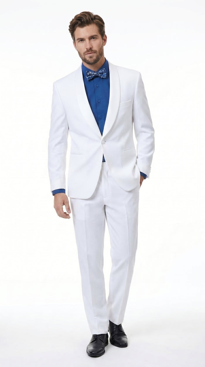 Men’s White Classic Microfiber Shawl Tuxedo with Jacket and Pants, Formal Wedding Dinner Suit