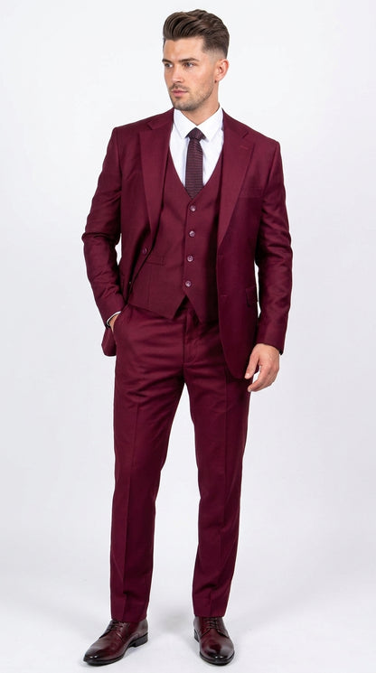 Men’s Stacy Adams Brand Burgundy 3 Piece Suit – Two Button Vested Style church wedding Modern Fit Suit