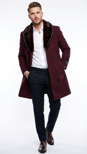 Mens Burgundy Three Quarter Coat with Faux Fur Collar Overcoat  Luxury Winter Outerwear Three Quarter Carcoat Topcoat