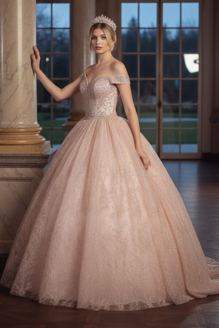 Off Shoulder Corset Quinceanera Glitter Ball Gown