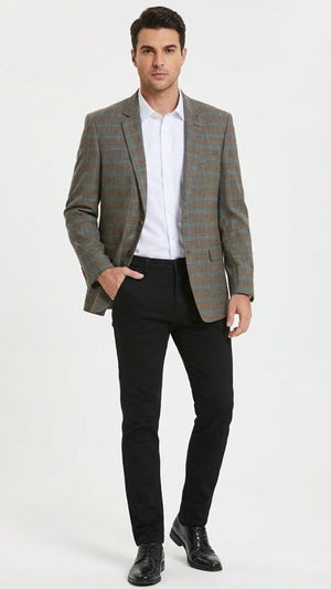 Mens Green Brown and Teal Plaid Sport Coat  Tailored Fit Check Blazer Jacket - Tartan Sportcoat